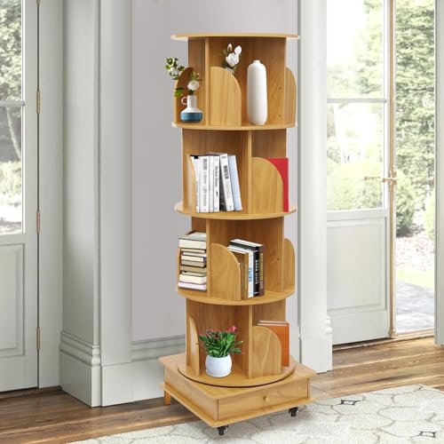 Begoniape 360° Drehbares Bücherregal 4 Stöckig Bücherregal mit Räder Drehregal Aufbewahrungsregal für Kinder und Erwachsene Standregal Buch/CD/DVD Organizer