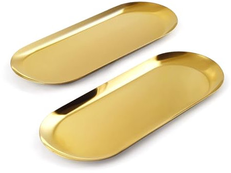 Vassoio da portata in acciaio inox dorato, 2 pezzi Ovale cosmetici vassoio decorativo per piccoli oggetti, vassoio dorato per Caffe, gioielli, candele, 30 x 12 cm