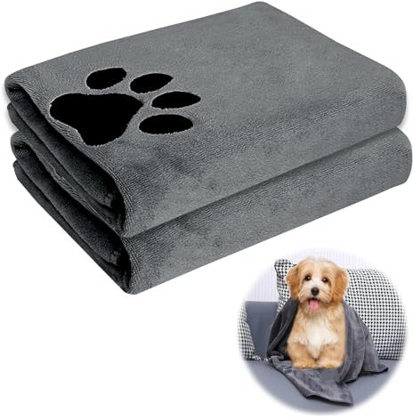HENGBIRD 2 Stück Hundehandtuch Extra Saugfähig, Hundehandtücher Hundezubehör Hund Halstuch Mikrofaser Handtücher Schnelltrocknend Handtuch für Katzen, Hunde Oder Andere Haustiere 75 X 35 cm Grau