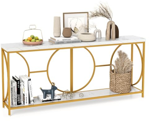 COSTWAY Mesa Consola de 2 Niveles con Superficie de Mármol Falso, Entrada Recibidor, Marco de Metal Resistente, Mesa Auxiliar Larga para Sofá, Mesa de Acento Moderna con Estante, 180 x 30 x 80 cm
