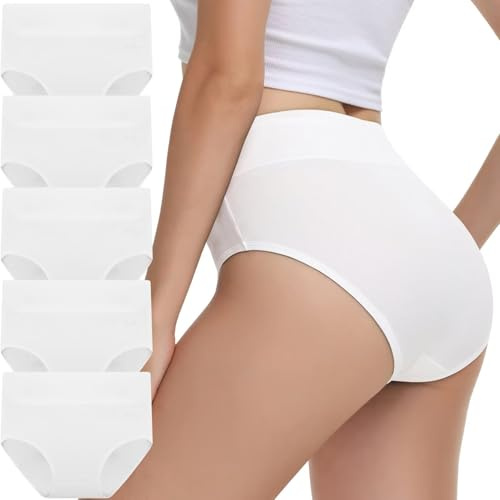 IceReco Underbyxor dam bomull 5-pack hög midja trosor underkläder andas stretch mjuk, Vit, M