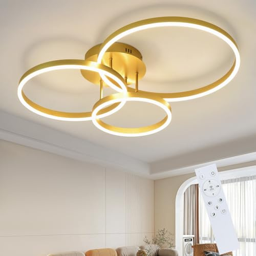 ZMH LED Deckenlampe Deckenleuchte Wohnzimmer - Wohnzimmerlampe Dimmbar 82CM Modern Design Gold 74W Schlafzimmerlampe mit Fernbedienung 3 Ring aus Acryl Deckenbeleuchtung für Schlafzimmer Küche | 74W 3 Acrylringe mit Fernbedienung Zimmer- und Küchenbeleuchtung