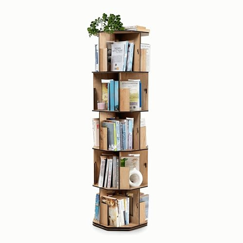 vigowood Rotating Corner Bookshelf, 5-Tier Space-Saving Bookcase for Living Room, Bedroom & Home Office – Oak