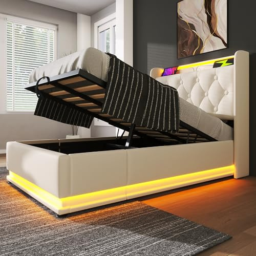 RIAZOS Polsterbett Einzelbett mit LED, Drucktaste/App/Fernbedienung, 90x200 cm, weiß PU-Material Hydraulisches Stauraumbett, Kopfteil mit USB Typ-C, Ohne Matratze