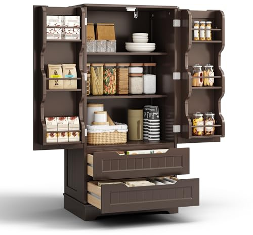 Blishom Credenza Armadio Sideboard Cucina con 2 Doppie Porte e 2 Cassetti, con Ripiani Regolabili, per Soggiorno Sala da Pranzo,120x40x60 cm,Marrone Scuro Nero