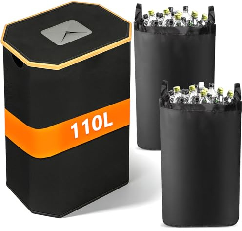 KDISHKRA 110L Groß Pfandflaschen Sammelbehälter mit Deckel und 2 Tragetasche, Flaschensammler Leergut, Recycling-Behälter, Pfandflaschen-Behälter für Küche Abstellraum Flaschentasche, Schwarz