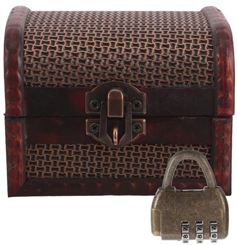 Warmhm Vintage Wooden Treasure Box with Padlock: Small Keepsake Box For Jewellery Trinkets Coins Cards - European Style Storage Chest For Desk Shelf Photo Prop
