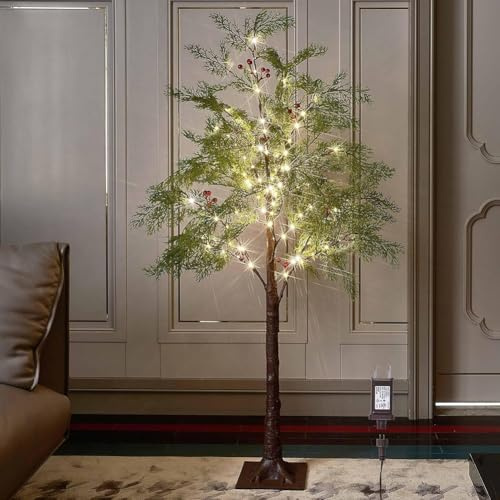 LOGT LED Weihnachtsbaum Künstlich Lichterbaum Warmes Weiß Beleuchtung Zypressen Weihnachtsbaum mit Roten Beeren Baumlicht Innen und Außen Wasserdicht Baum Lampe Lichterbaum künstliche,180cm