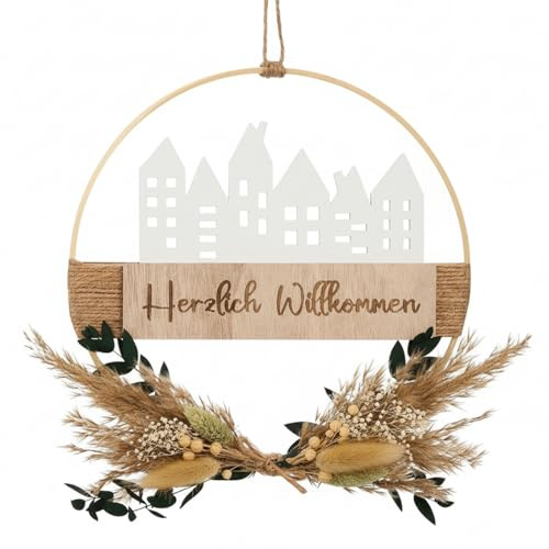 Xinnun Türkranz Trockenblumenkranz Herzlich Willkommen Schild,Modern | Holz Türkranz, Trockenblumen, Ganzjährig, Haustür Willkommensschild, Boho Türdeko, Hängedeko für Wand Fenster Deko, 25 cm