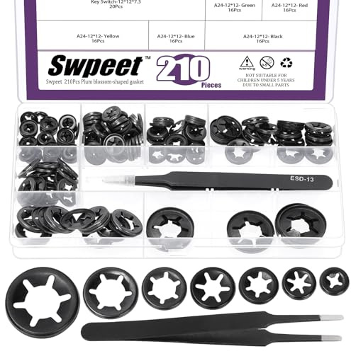 Swpeet 210Pcs 7 dimensioni M3 M4 M5 M6 M8 M10 M12 in acciaio al manganese Dente interno Star Lock Washers con pinzette Kit, Clip di velocità di blocco Push-On, Clip di velocità rapida