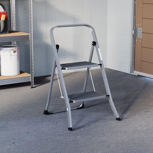 Home Vida 2-stufige Leiter – robuste Stahl-Klappleiter mit rutschfesten und breiten Stufen, Klappmechanismus, 150 kg maximale Belastung, Haus/Küche/Heimwerker/Garten, Grau