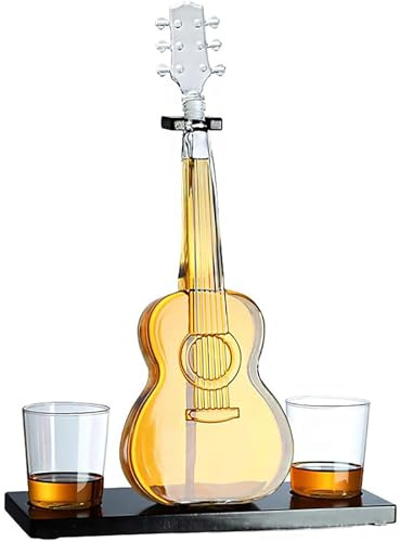 Decanter for vino e whisky con chitarra elettrica con 2 bicchieri da whisky, 1000 ml, con base, 2 tazze, buona tenuta, amante della musica da whisky ﻿