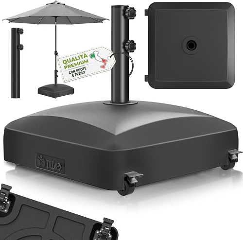 tillvex® Pied de Parasol PAVERA à roulettes et Freins | Support de lestage Parasol à remplir 37L/56kg | Poids pour Parasol Droit et de marché Ø1,8-3,7m | Résistant aux intempéries et UV (Noir)