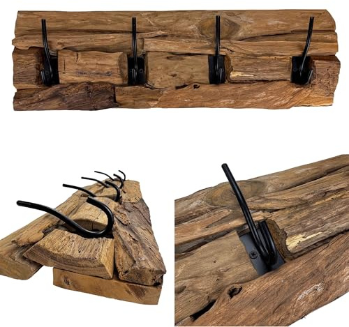 Online Fuchs Garderobenleiste aus Teak Holz, Wandgarderobe mit 4 Haken aus Metall - 58 cm lang - Treibholz-Look rustikal mit natürlicher Maserung und Rissen