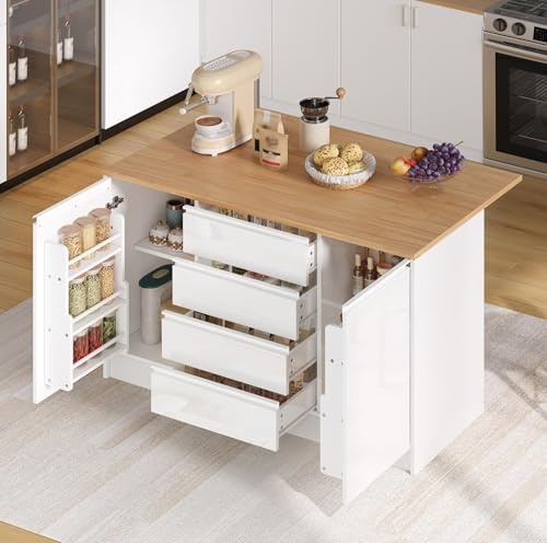VICONELISE Kücheninsel Freistehend mit Ausklappbarer Arbeitsplatte 140cm, Küchenwagen mit 4 Schubladen, 2 Schränken und Ablage hinter den Türen, Küchenschrank für Küche und Esszimmer(Weiß)