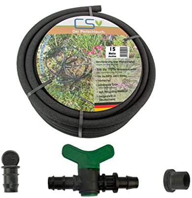 15m CS Perlschlauch drucklos mit Absperrhahn mit Gummitülle und Endstopfen für die drucklose Bewässerung aus Regenfass/Regentonne/IBC Tank/Wasserfass