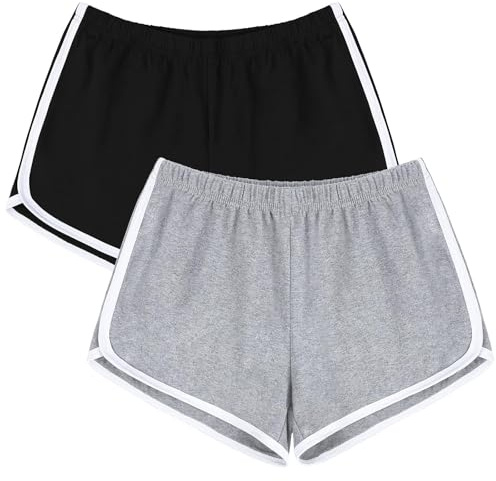 URATOT Elastiska shorts i bomull för kvinnor, för gym, yoga, sommar, löpning, träning, dans, 2-pack, S