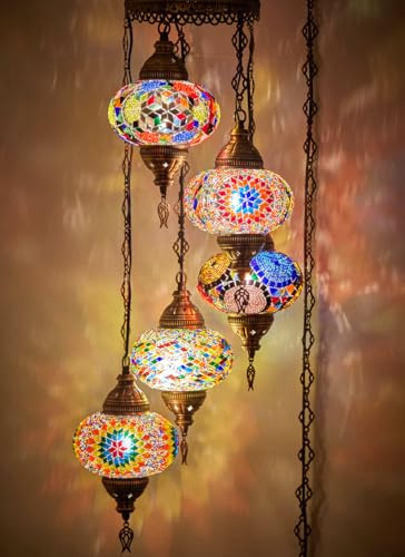 Lampe à brancher, plafonnier suspendu en mosaïque colorée turque marocaine, luminaire suspendu, lustre avec cordon de 4,5 m et prise UE, 5 abat-jour, aucun câblage requis, pend 110 cm