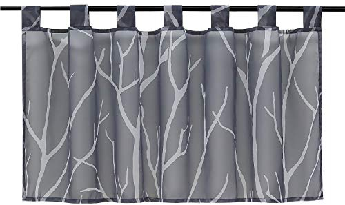 HeichkelL Voile Transparent Scheibengardine Modern Schlaufen Kurzstore Bedruckt 》Baumzweige《 Küchegardine Grau HxB 60x120 cm