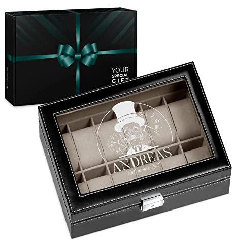 Maverton Uhrenbox mit Gravur für 12 Uhren - 30x20x8cm - Uhrenkasten aus Kunstleder - Schwarz - Geschenk für Männer - Zeit