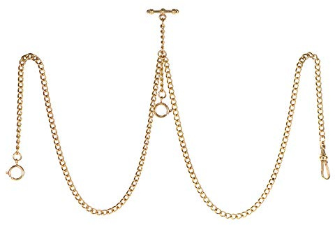 TREEWETO Taschenuhrkette mit T Bar Endstück Gesamtlänge 72cm Doppel Albert T-Bar Taschenuhr Kette 3 Haken für Weste Knopfloch