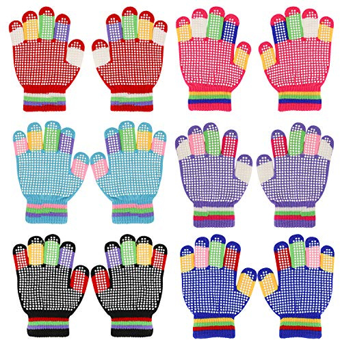 QKURT 6 par barn halkfria stickade handskar, vinter varma stretchiga handskar unisex stretchvantar för 5 ~ 8 år gamla pojkar och flickor, Svart, en storlek