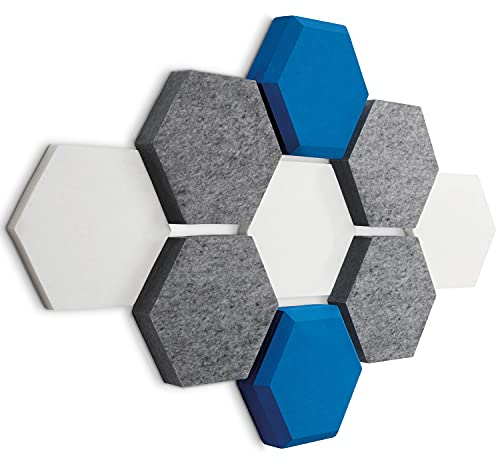 FENNEXT ® Schallabsorber Wand - Akustikbild - der perfekte Schallschutz aus BASOTECT ® und AKUSTIK-VLIES für Gaming, Homeoffice, Studio - 9er Starterset HYBRIDBLAU