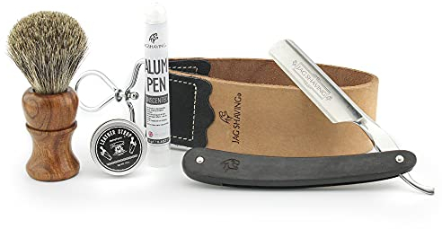 Jag Shaving Rasierset – 5-teiliges Rasierset – nachhaltig – Rasiermesser Set – Rasierpinsel aus Holz Dachs – Rasiermesser – Leder-Streichriemen – Honpaste – Alaunstab – echter Honstreichriemen
