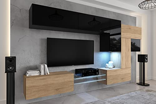 Furnitech Wohnwand Mit LED RGB - 16 Farben, Hängend Moderner Schrankwand Mit Regalen Und TV-Schrank (AN92NEW-21BS-HGM23)