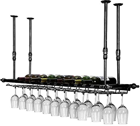 LYPGA Wine Glass Rack，Hanging Wine Glass Holder ，Vintage Wine Bottle Holder, Ceiling Decoration Wine Glass Rack，Adjustable Height and Width，for Kitchen & Bars - Fixings Included (black, 100cm x 30cm)