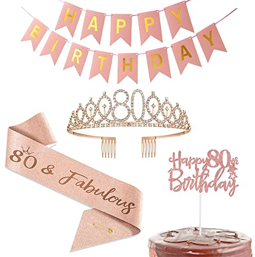 Happy 80th Birthday Decorations Party Favor Supplies for Women,Rose Gold Happy Birthday Banner,Sash,Tiara Crown,Cake Topper,for Women 80th Party Decoration Gifs