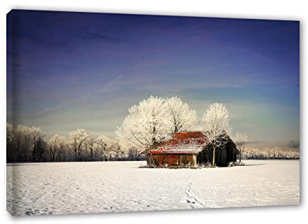 Incorniciato. Natura invernale Dipinto Stampa su tela. Poster e stampe della capanna sull'albero della neve. Moderna decorazione da parete con scena di neve.70x105 cm (27,6x41,4) Con cornice interna