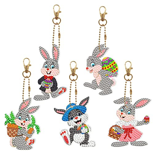 Demiawaking DIY Diamond Painting Ostern Deko Schlüsselanhänger Ostereier Kits Stkickerei Diamant Malerei Schlüsselring Mosaik Osterdeko Anhänger Osterhase Geschenke (19)