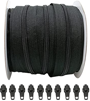 JYC CREATIVE Nylonrulle med dragkedja + 10 automatiska metallreglage #5, meter 25 (25 + 10C, svart 332)