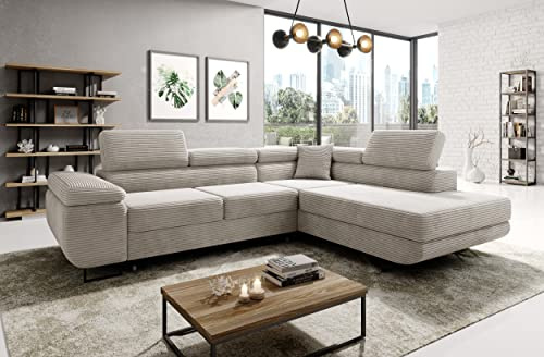 MODERNO Ecksofa mit Schlaffunktion aus Cord - Big Sofa ASTORP - Couch L Form - Schlafsofa mit Bettkasten und Kopfstützen - 277x203x100 cm - Rechts - Creme - Poso 100