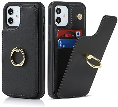 Cavor iPhone 12/12 Pro Case With Card Holder,iPhone 12/12 Pro Phone Case,Flip Folio Leather Wallet Case,Magnetic Ring Kickstand Shockproof Cover Case for iPhone 12/12 Pro - Black