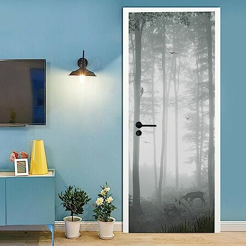 A.Monamour Türtapete Selbstklebend Türfolie Türposter 3D Nebliger Wald Am Morgen In Schwarz Weiß Monochrom Vinyl Folie Türdeko Tapete Wandbild Türaufkleber Türtattoo 85x200cm