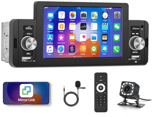 1 Din Autoradio 5 Zoll Touchscreen Autoradio Bluetooth Freisprecheinrichtung, Single Din FM Radio mit Mirror Link BT/USB/AUX-in/SD Card Port/Lenkradsteuerung + Rückfahrkamera+Mic