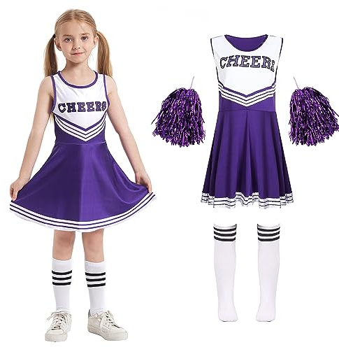 Cnexmin Disfraz de animadora para niñas, uniforme de animadora con pompones, disfraz de fiesta para Halloween o Carnaval,7-8Años
