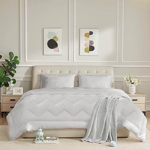 HOMTEC Full Size Duvet Insert - All Season 100% Cotton Shell Comforter - Quilted Fluffy Down Alternative Duvet Insert - Light Gray - Soft Breathable & Lightweight with 4 Corner Tabs