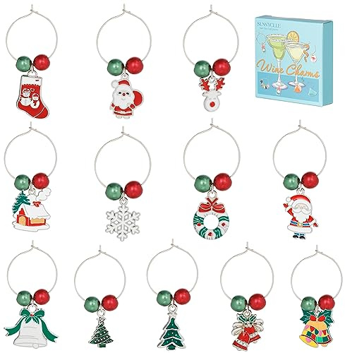 SUNNYCLUE 1 Box 12Sets Christmas Wine Charms Drink Identifiers Silver Wine Glass Markers Enamel Christmas Tree Red Green Bead Glass Beading Rings Identification for Party Tasting Favor UK