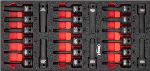 VIGOR Schlagschrauber Schraubendrehereinsatz-Satz, V5603, 24-teilig | Länge 393 mm, Breite 188 mm, Höhe 35 mm, 2675 g, 24-teilig , 5 – 19 mm , M5 – M18 , T30 – T80, 2K Weichschaumeinlage