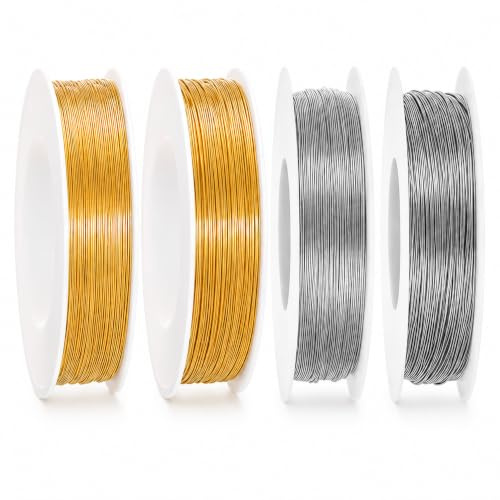 Vebetter Schmuckdraht 4 Rollen, 0,3/0,4 mm, 200 m, Gold & Silber | 4 Rollen Schmuckdraht in Gold/Silber, 0,3 & 0,4 mm, je 50 m – für Schmuck, Perlen und DIY.