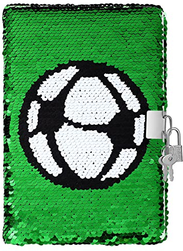 Toyvian Fußball Pailletten Tagebuch mit Schloss und Schlüssel Wendbares Notizbuch für Jungen und Mädchen Reversibles Fußball Muster Magisches Schreibheft für Schule und Freizeit