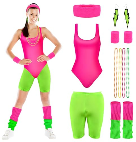 CHMMY 80er Jahre Outfit Damen Sportbekleidung Kostüm Damen 80er Jahre Accessoires Weste, Kurze Hose, Stirnband, Ohrring, Beinwärmer, Armbänder, Halskette, 80er Jahre Sportanzug Damen Karneval