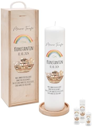 Bärenfreunde® - Personalisierte Taufkerze mit Spezial-Druck (M, L, XL) - ohne Ruß-Bildung - mit Holzkiste oder Untersetzer - Taufe Geschenk, Geschenk zur Geburt (L Kerze)