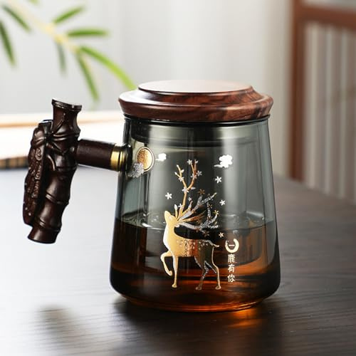 FIYSON Glas Teetasse mit Deckel und Sieb, GroßE 500ml handbemalt mit Holzgriff Teebecher, Losen Tee Oder Beutel Teeglas mit Sieb Henkel, Geschenk für Familie und Freunde (Stil 1)