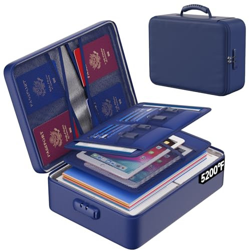 ENGPOW Feuerfeste Dokumententasche mit Schloss, wärmeisolierte, feuerfeste und wasserdichte Box, 8 Schichten, Dokumenten-Organizer, tragbare Aufbewahrungsbox für wichtige Dateien, Laptop, Blau