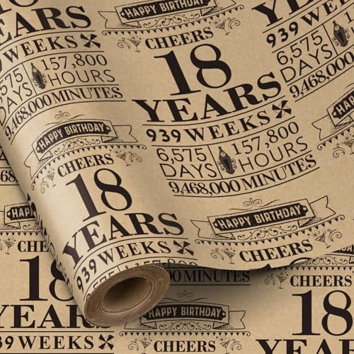 RUSPEPA Rotolo di carta da regalo per compleanno, mini rotolo, nero Design 18 anni Carta da regalo Kraft, ideale per compleanni, feste, festività, 43,2 cm x 5 m, 18° compleanno