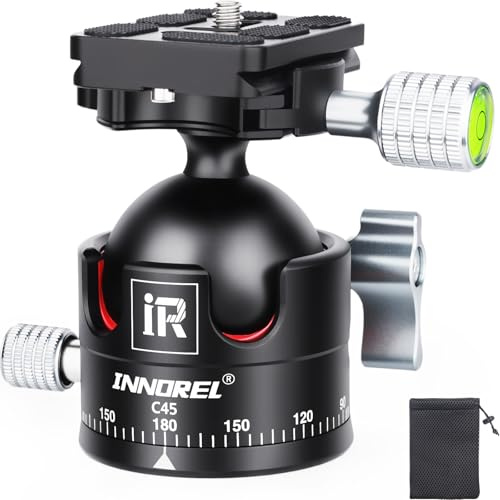 INNOREL C45 - Cabeza de bola de trípode de perfil bajo universal 360 panorámica de metal para cámara réflex digital, trípode monopié, videocámara deslizante con placa Arca Swiss de 45 mm, bola con